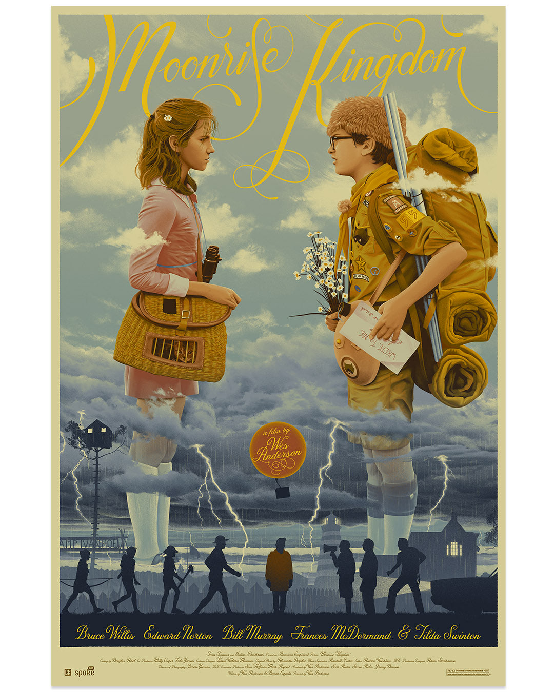 Chris Koehlers archival pigment print from the Bad Dads exhibition showcases an illustrated Moonrise Kingdom poster with a girl and boy in profile. The boy, wearing a khaki scout uniform and backpack, stands against a stormy backdrop with lightning and leg-like structures. Inspired by Wes Anderson.