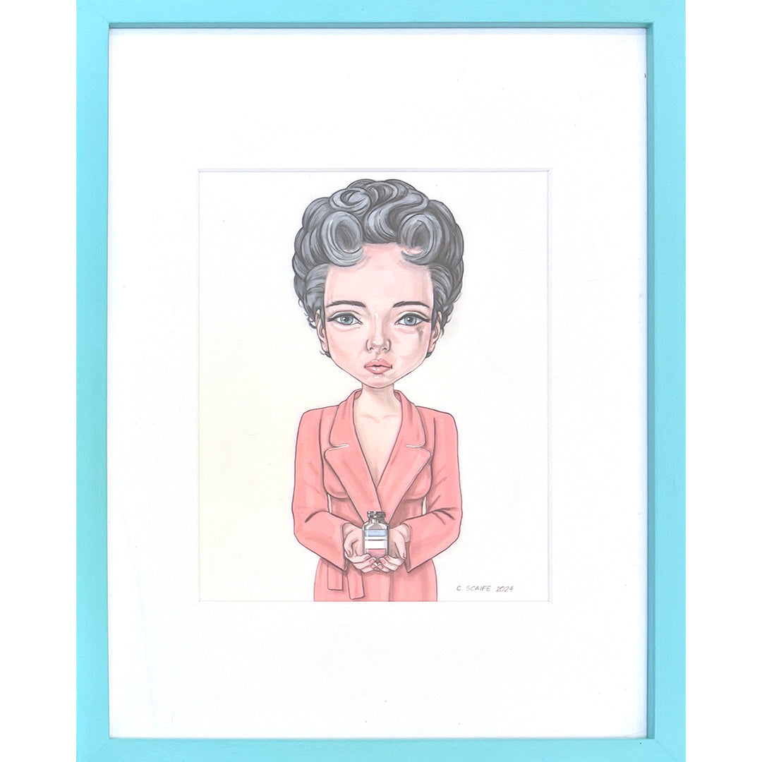 A Cindy Scaife illustration features a caricature-like figure with short curly hair, wearing a red jacket, and holding an Academy Awards statuette. The artwork is framed in light blue with a white mat. Large eyes and a small mouth emphasize the essence of Midge Campbell in Asteroid City.