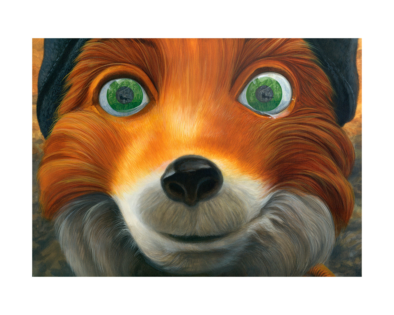 A close-up of a CM Duffy cartoon-style fox with bright orange fur, green eyes, and a subtle smile. The acrylic-blurred background enhances its dark Fantastic Mr. Fox-like hat. Its eyes reflect a small circular pattern.