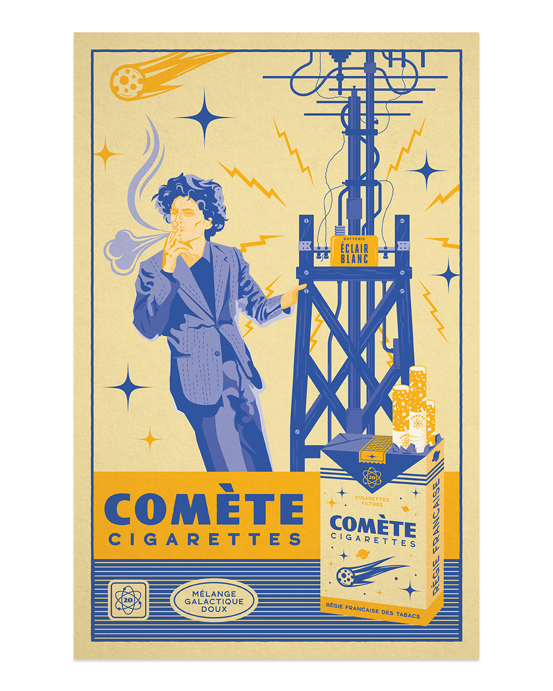 Derek Ballards vintage-style risograph print, Comète Cigarettes, features a man in a suit smoking near an electrical tower. The Invincible Comet design showcases stars and cigarette packs in blue and yellow, with artistic French text.