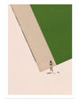 Concepcion Studios presents a minimalist artwork in an archival pigment print with beige and green hues. It features a small figure on an expansive plane, a green rectangle in the corner, and a nearby fallen bicycle, echoing a Wes Anderson tribute and exuding vastness and solitude.