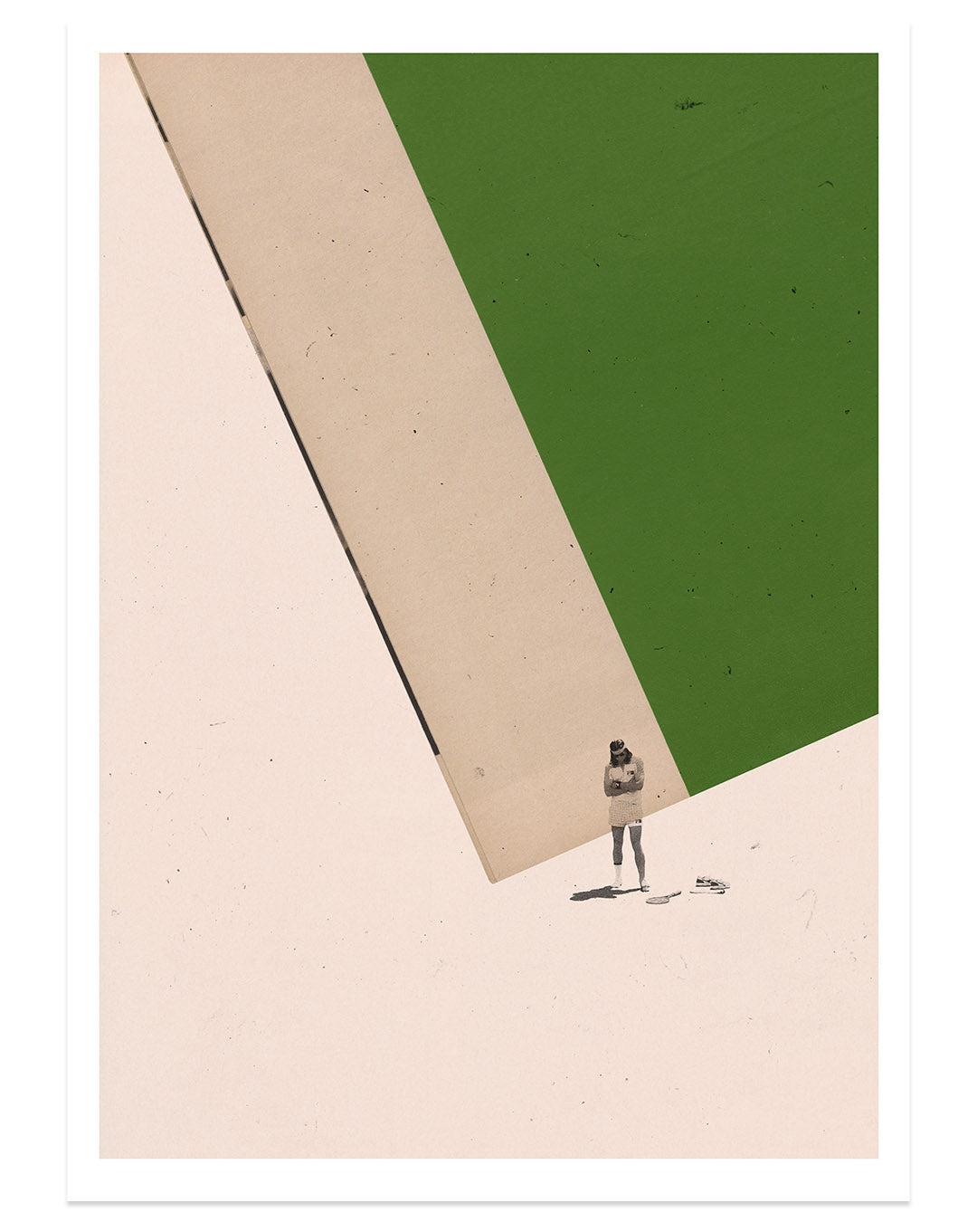 Concepcion Studios presents a minimalist artwork in an archival pigment print with beige and green hues. It features a small figure on an expansive plane, a green rectangle in the corner, and a nearby fallen bicycle, echoing a Wes Anderson tribute and exuding vastness and solitude.