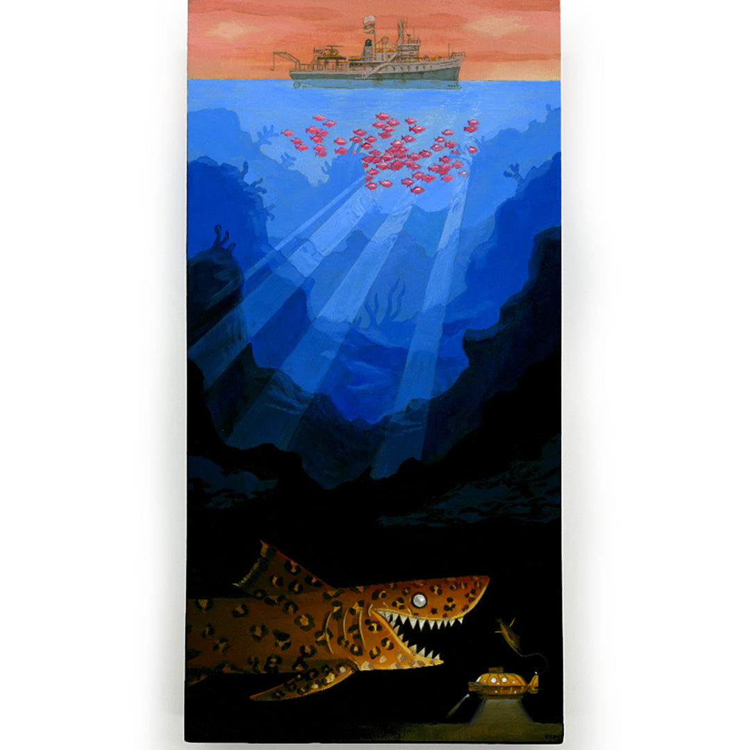Acrylic seascape by Cuddly Rigor Mortis: Ship and red fish above, sunlit shark below eyeing a yellow submarine on cradled wood panel, reminiscent of The Life Aquatic.
