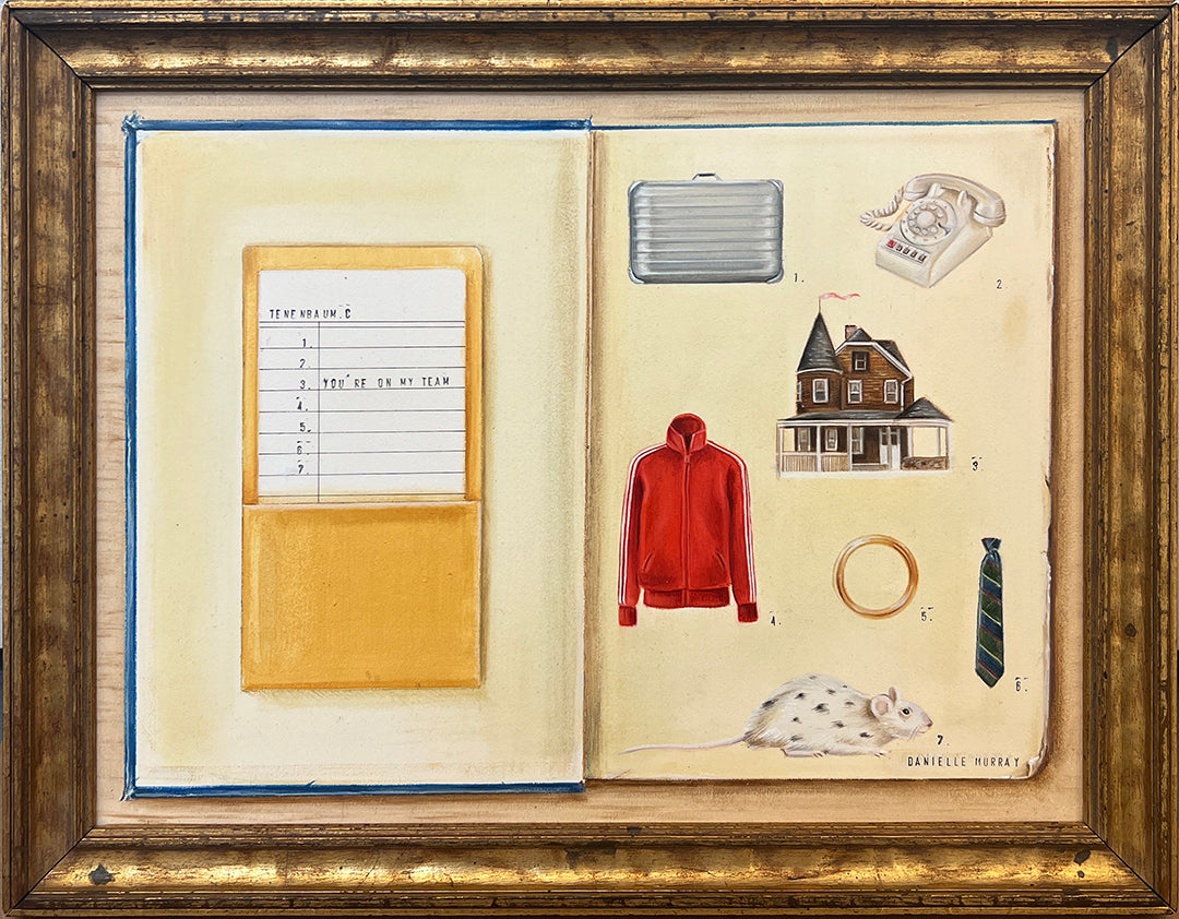 This oil on board by Danielle Murray features a framed open book. On the left, a yellow envelope with typed text; on the right, illustrations like a rotary phone and red hoodie evoke The Royal Tenenbaums. Each item is numbered for whimsical storytelling.