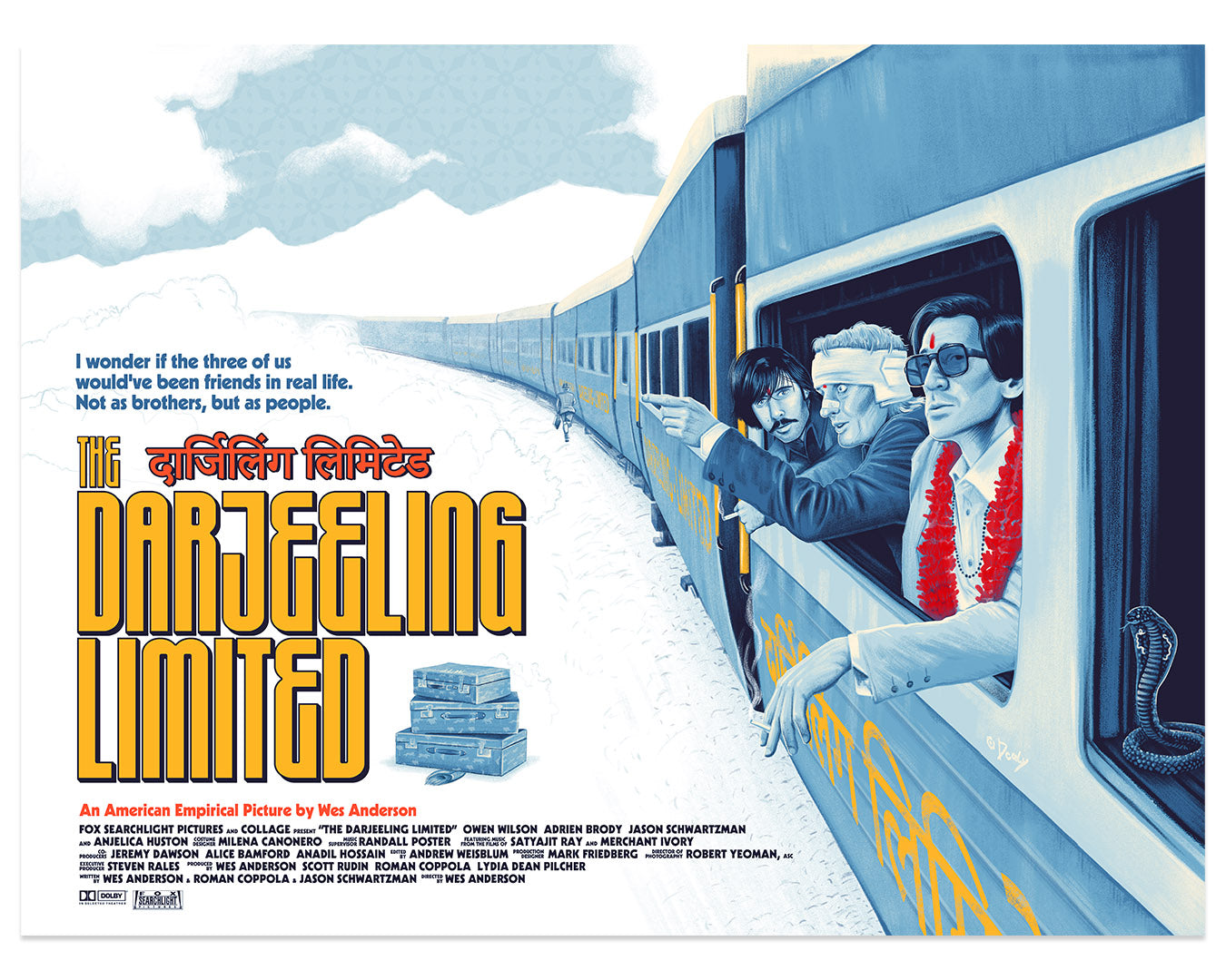 Three men lean out of a train window in a snowy landscape with stylized charm in Doalys archival pigment print, capturing The Darjeeling Limited in vibrant blue, white, and yellow hues as part of the Wes Anderson Tribute Art Show.
