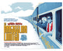 Three men lean out of a train window in a snowy landscape with stylized charm in Doalys archival pigment print, capturing The Darjeeling Limited in vibrant blue, white, and yellow hues as part of the Wes Anderson Tribute Art Show.