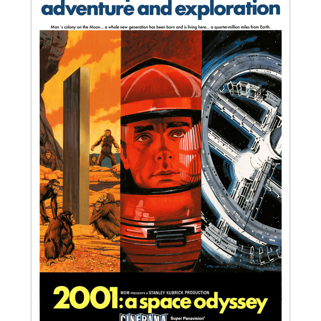 Paul Manns screen-printed movie poster for 2001: A Space Odyssey features the title in bold yellow text, the tagline An epic drama of adventure and exploration, and images of a prehistoric scene, an astronaut, and a space station.