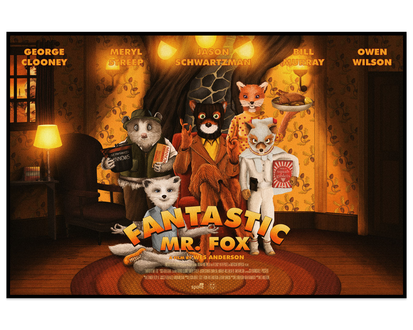 A Germain Barthélemy archival pigment print features a whimsical Wes Anderson tribute illustration, with a suited fox and other animals in a cozy room, patterned wallpaper, holding books and newspapers among actors names. The title Fantastic Mr. Fox appears at the bottom.
