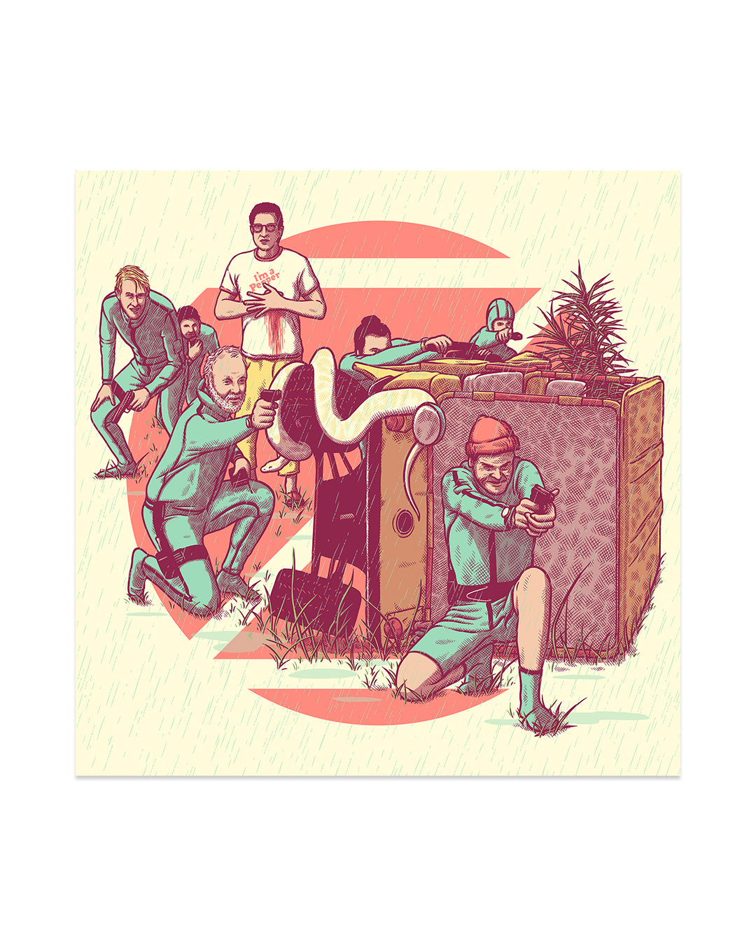 A group in teal plays paintball behind a barricade while a white-clad referee looks on—this Dan Grissom art print captures playful, dynamic intensity in a Wes Anderson tribute style.