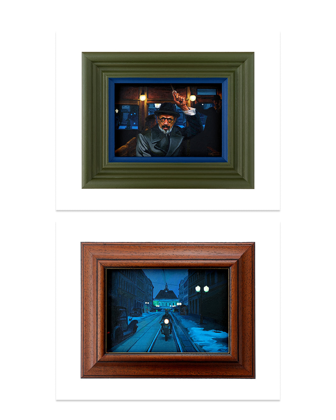 Top: A framed painting by Hannah Gillingham shows a man inside a dimly lit tram, reminiscent of Bad Dads exhibition scenes. Bottom: An archival pigment print by the same brand captures a person walking down tram tracks at night with glowing streetlights and distant buildings.
