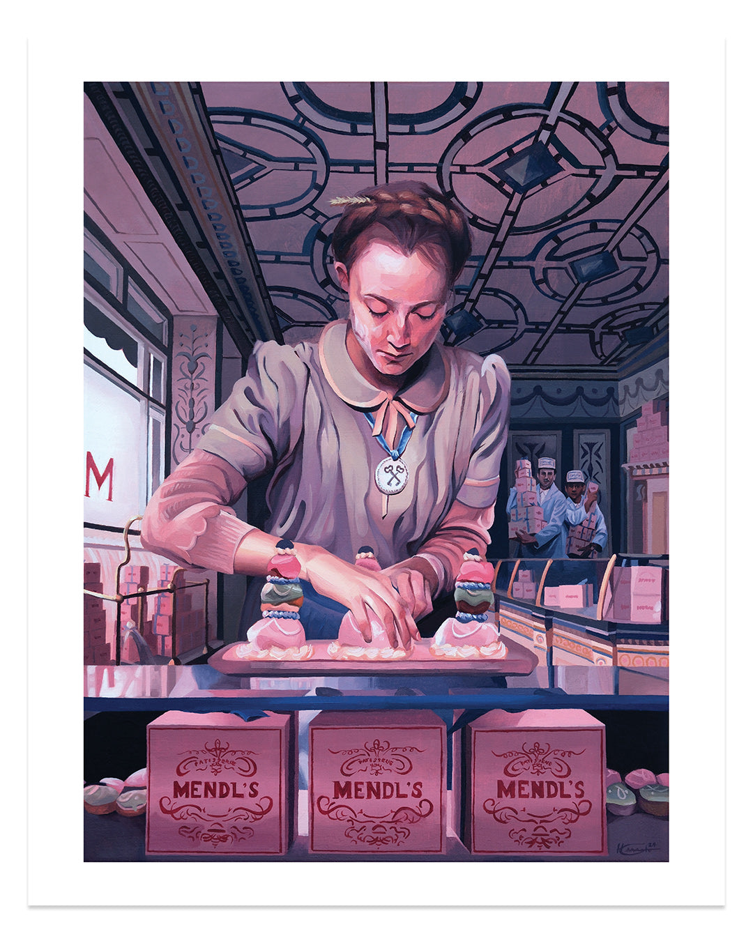 Amid a Hannah Gillingham tribute, a woman in a necklace decorates pastries in the bakerys pink and purple glow, with intricate ceiling designs above boxes marked Mendls, while uniformed staff move busily around—a moment apt for an archival pigment print.