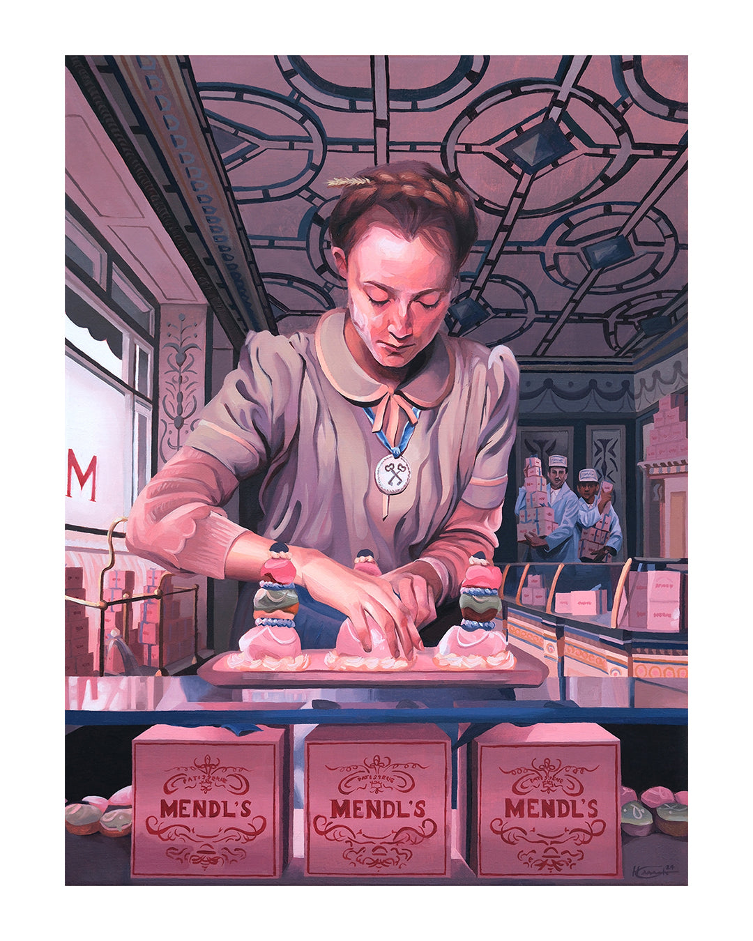In a bakery reminiscent of The Grand Budapest Hotel, a uniformed individual carefully arranges pastries with colorful toppings near boxes labeled Hannah Gillingham, while the bustling background mirrors an oil on canvas scene.