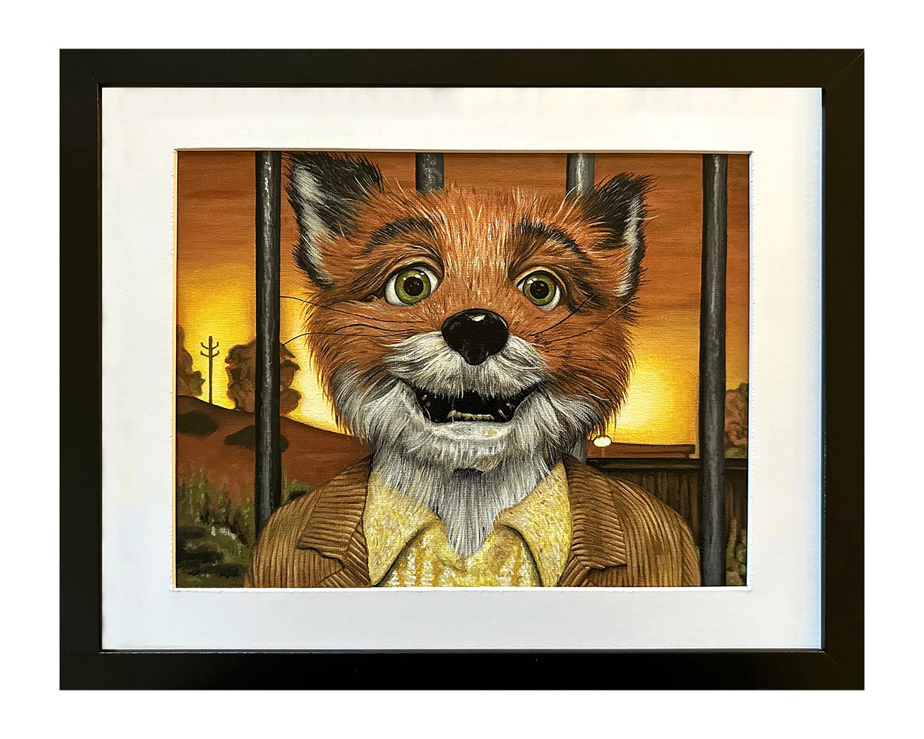 This framed artwork by Harmony Deimling features a fox in a shirt and jacket with an expressive face and wide eyes, set against a warm sunset backdrop interspersed with black vertical lines. It is acrylic on canvas paper.