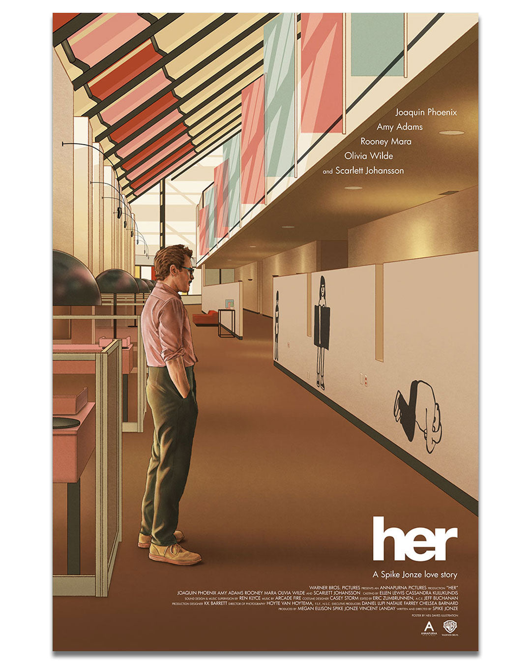 A man stands alone in a retro office, admiring minimalist art beneath colorful glass panels. Text lists the cast and title: her, A Spike Jonze love story. Limited edition screen print by Neil Davies.