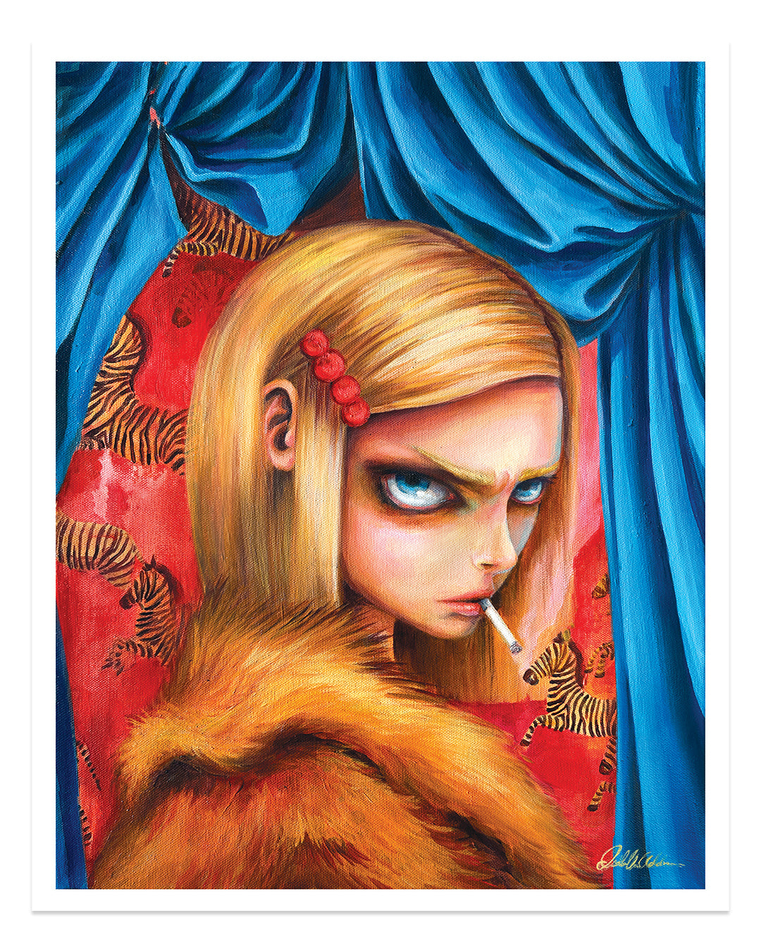 This archival pigment print by Isabella Addison features a woman with large blue eyes, a blonde bob, red hair clip, and fur coat. She holds a cigarette, standing in front of blue drapes and a red zebra-striped curtain. It evokes the style of a Wes Anderson Tribute Art Show in NYC.