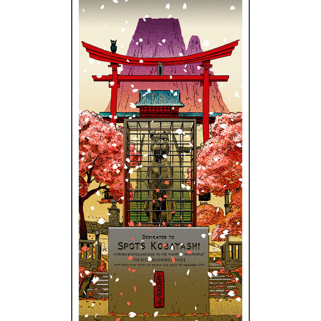 The signed open edition screen print by Tim Doyle features a dog statue in a cage with a plaque for Spots Kobayashi. Set against a Japanese-inspired backdrop of cherry blossoms, red torii gates, and mountains with falling petals, it evokes serenity.
