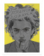 An illustration by Ivonna Buenrostro depicts a person with wild hair holding a cigarette against a bright yellow background. The French Dispatch is scribbled in the hair. The intense figure wears a suit, and this archival pigment print masterpiece is part of the Wes Anderson Tribute Art Show.