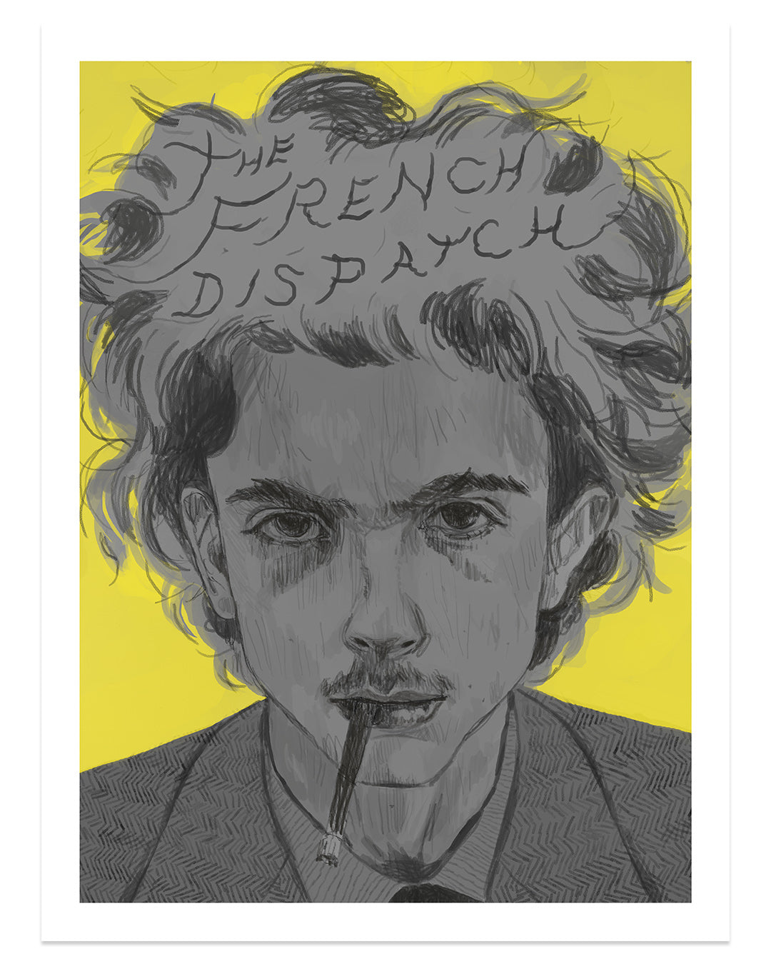 An illustration by Ivonna Buenrostro depicts a person with wild hair holding a cigarette against a bright yellow background. The French Dispatch is scribbled in the hair. The intense figure wears a suit, and this archival pigment print masterpiece is part of the Wes Anderson Tribute Art Show.
