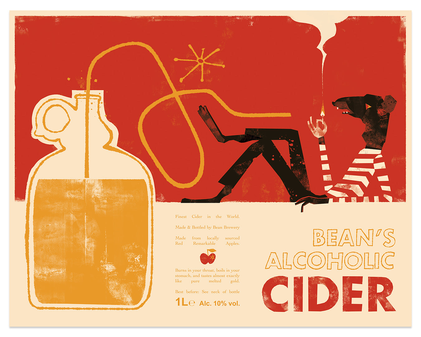 Immerse in retro charm with Izzy Burtons Alcoholic Cider. Featuring illustration by Izzy Burton, relax beside a 1L cider jug of 10% alcohol volume. Experience vintage elegance with each sip.