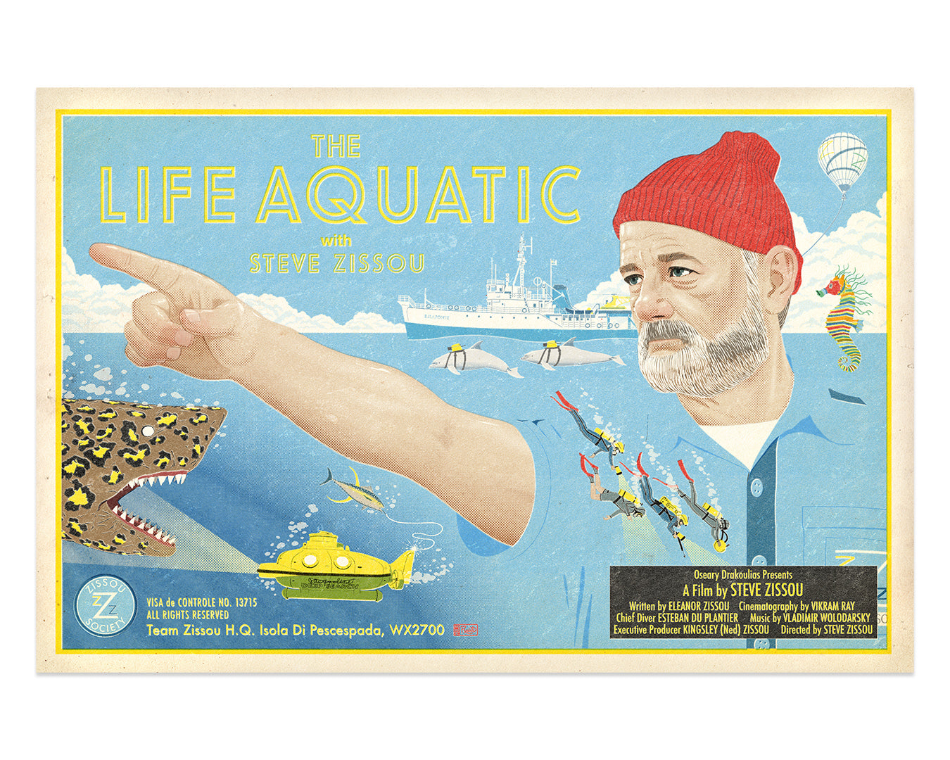 Jason Raishs vintage-style archival pigment print of The Life Aquatic with Steve Zissou is perfect for Wes Anderson fans. It features a man in a red beanie pointing, with a submarine, leopard shark, colorful fish, and ship in the background—ideal for an art show exhibition.