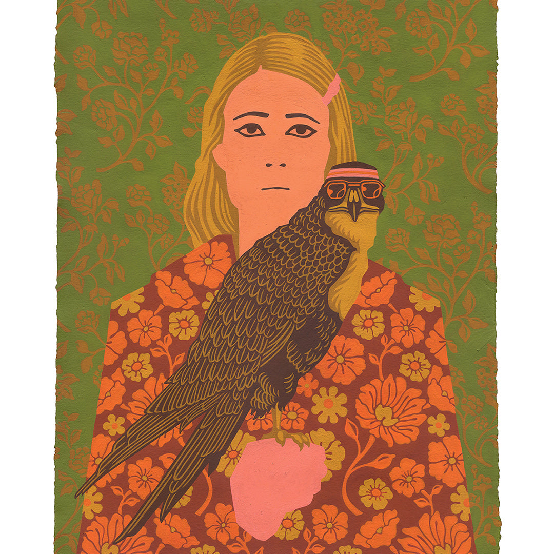John Vogls artwork portrays a blonde woman in a pink shirt and floral cloak, holding a capped hawk. The green backdrop features subtle floral motifs, echoing The Royal Tenenbaums quirky style and the acrylic gouache aesthetics inspired by Bad Dads IX.