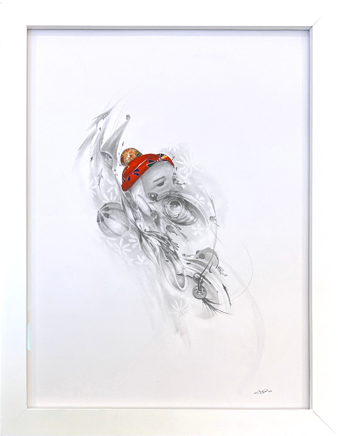 This JP Neang abstract art piece showcases fluid gray and black strokes with a central orange-red accent, framed in white. The mixed media graphite composition balances minimalism with dynamism.
