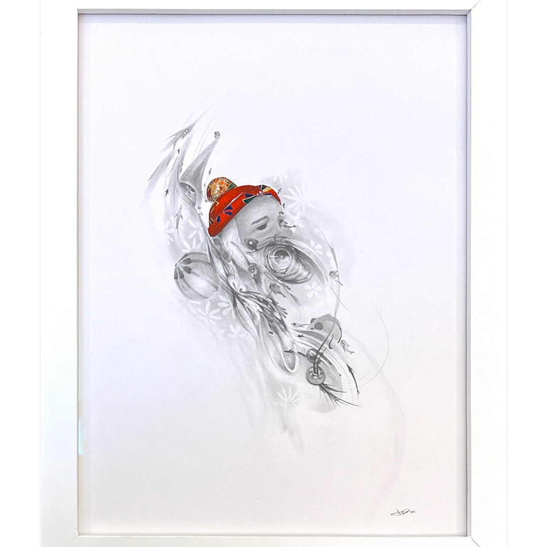 This mesmerizing JP Neang abstract graphite mixed media piece features fluid gray lines and an orange-red splash hinting at a helmet or hat. Its ethereal, flowing quality is enhanced by a white frame.