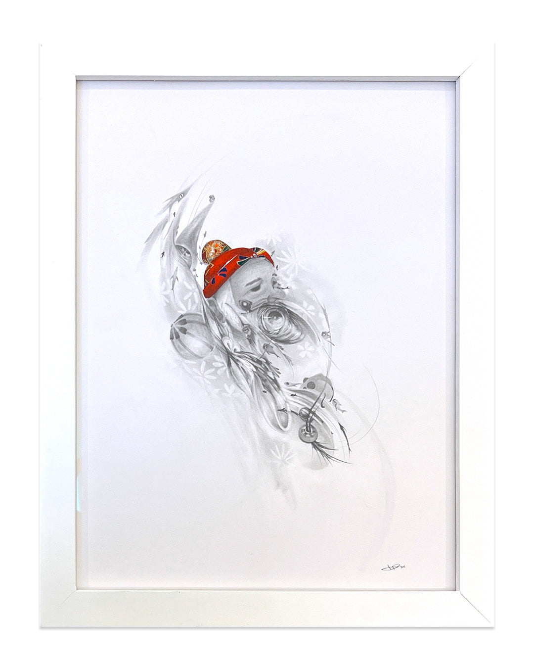 This mesmerizing JP Neang abstract graphite mixed media piece features fluid gray lines and an orange-red splash hinting at a helmet or hat. Its ethereal, flowing quality is enhanced by a white frame.