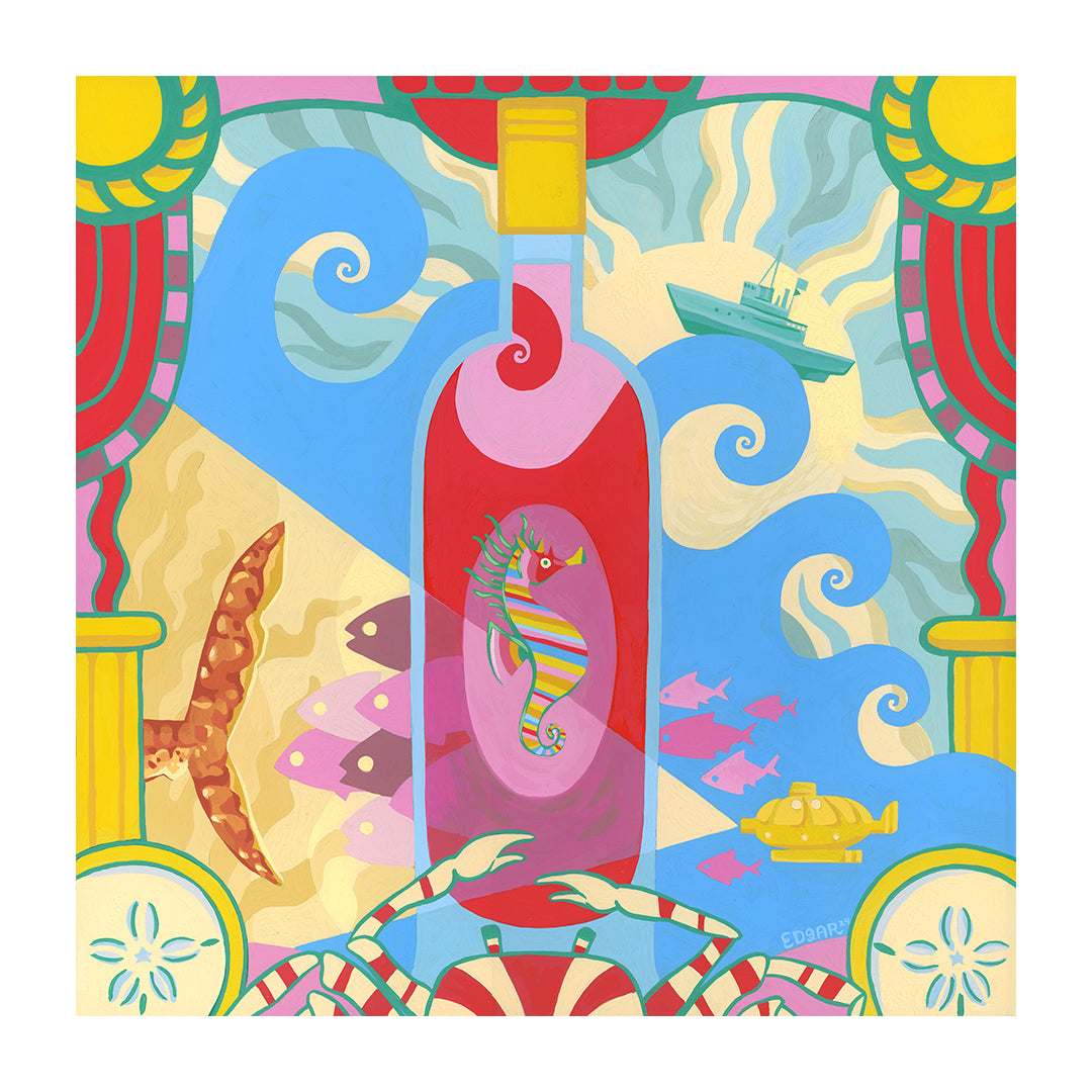 The illustration, in Kayla Edgars style, showcases a colorful seahorse in a bottle among ocean waves, a ship, tropical fish, and a sea star. It features pinks, blues, and yellows using acryl gouache to create a whimsical Bad Dads IX ocean theme.
