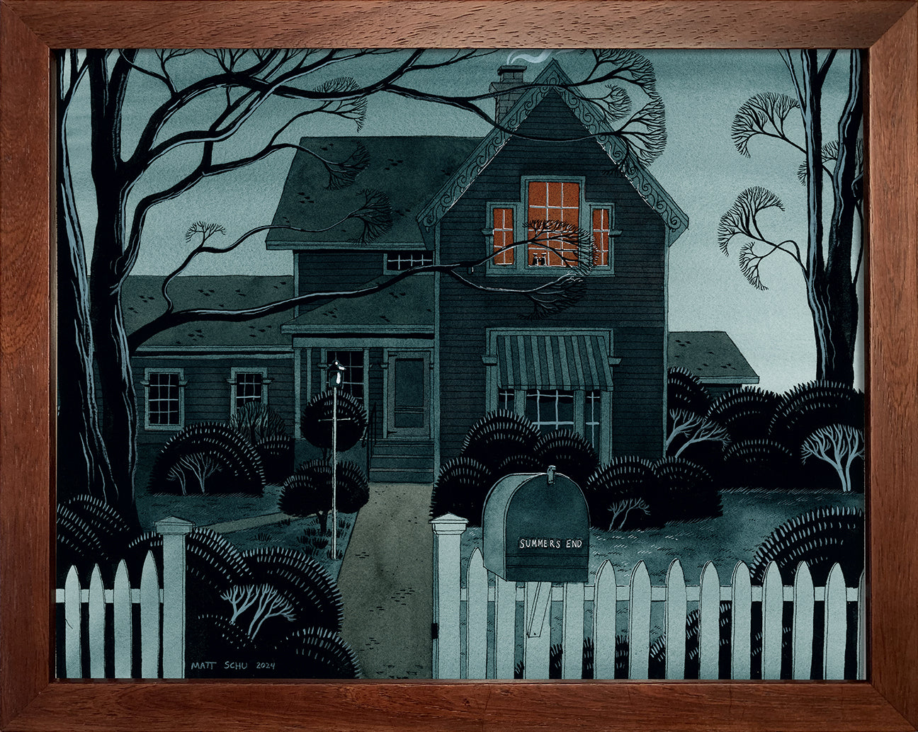In Matt Schus art piece, Summers End, from Bad Dads IX, a dark house is surrounded by leafless trees and a picket fence. An orange light glows on a figure in the window, contrasting the houses cool exterior with the warm ink and acrylic gouache inside.