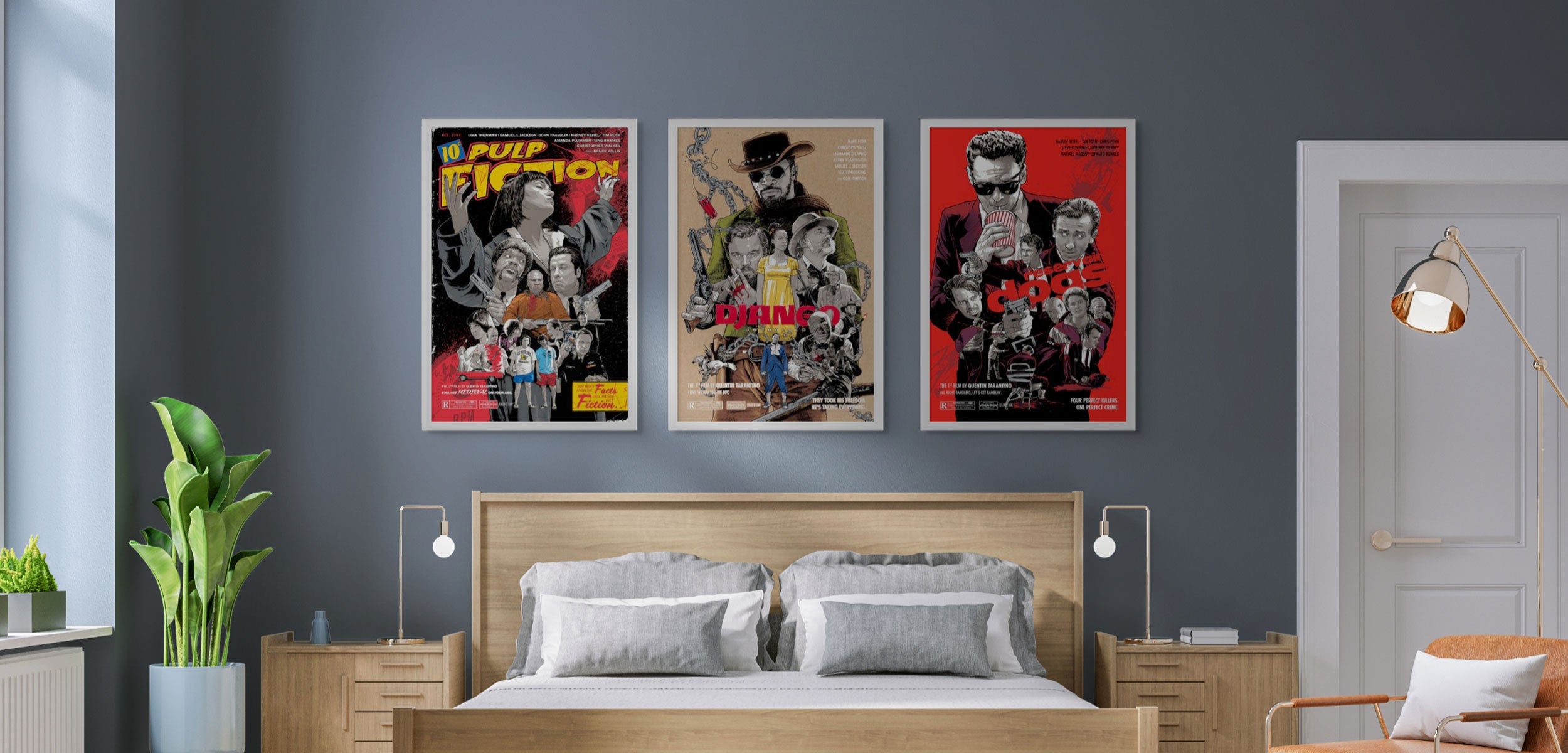 A modern bedroom with a wooden bed, gray bedding, and a gray wall. Three framed movie posters are displayed above the bed. Two wooden nightstands with small lamps are on each side, and a floor lamp is on the right.