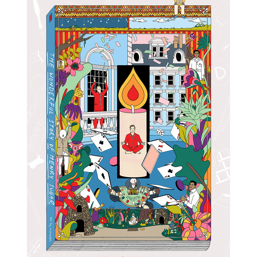 Murugiahs illustrated poster for The Wonderful Story of Henry Sugar by Wes Anderson, crafted for the Wes Anderson Tribute Art Show, displays a large book, vibrant characters, a giant candle, playing cards, and whimsical details with names like Ralph Fiennes and Dev Patel at the top.