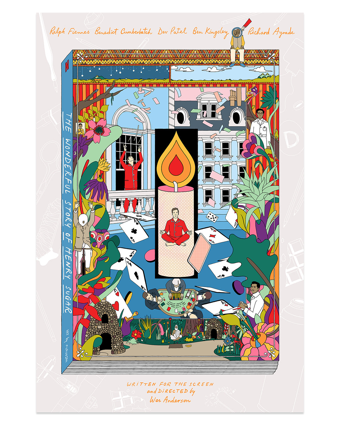 Murugiahs illustrated poster for The Wonderful Story of Henry Sugar by Wes Anderson, crafted for the Wes Anderson Tribute Art Show, displays a large book, vibrant characters, a giant candle, playing cards, and whimsical details with names like Ralph Fiennes and Dev Patel at the top.