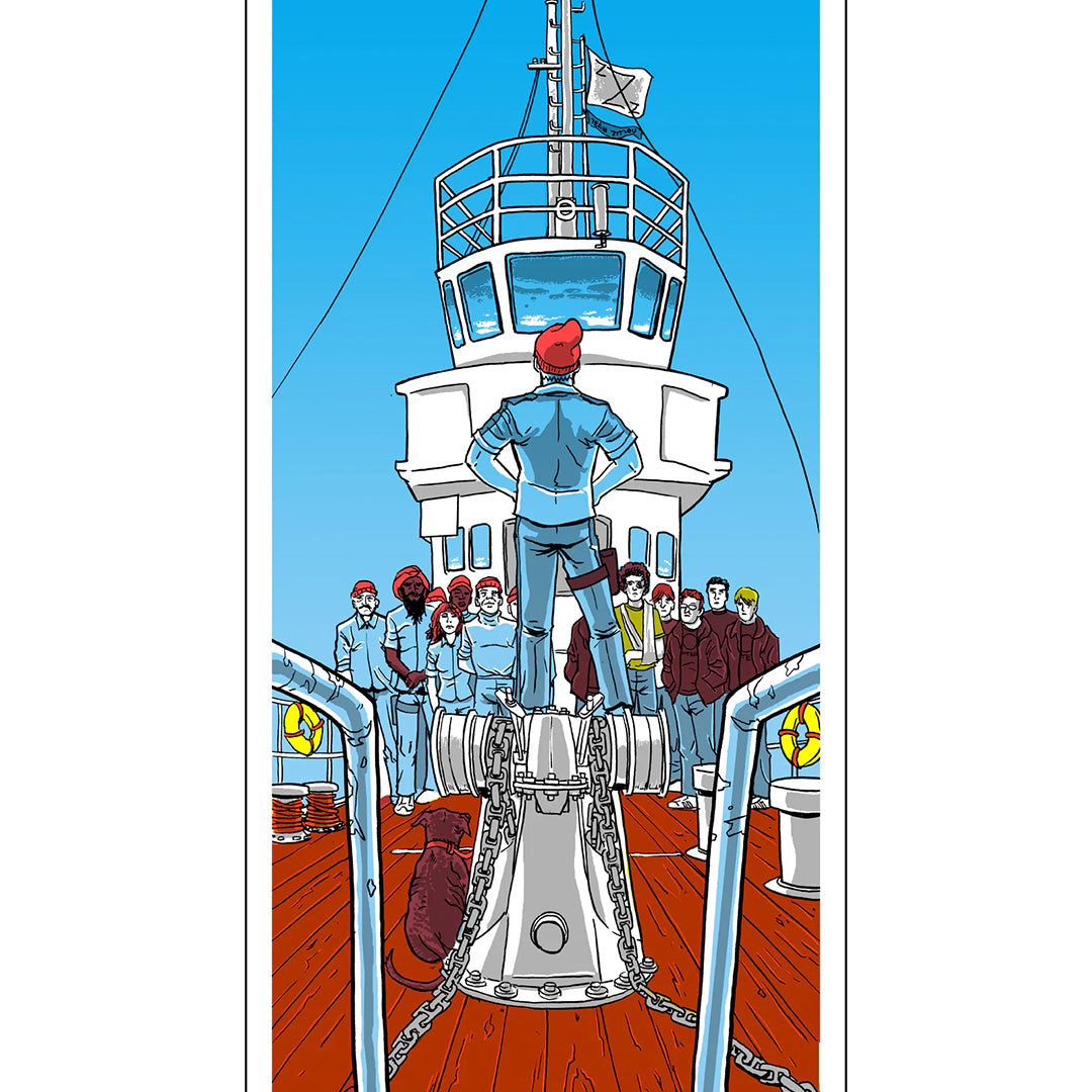 Dressed in a red cap and blue outfit, someone confidently stands on the ships deck, evoking Mutiny on the Belafonte, while a group observes. The bridge above and clear blue sky bring to mind a Tim Doyle screen print.