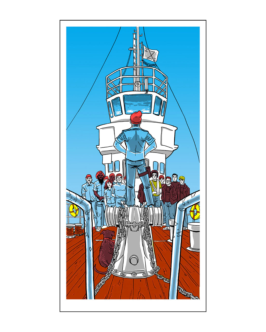 Dressed in a red cap and blue outfit, someone confidently stands on the ships deck, evoking Mutiny on the Belafonte, while a group observes. The bridge above and clear blue sky bring to mind a Tim Doyle screen print.