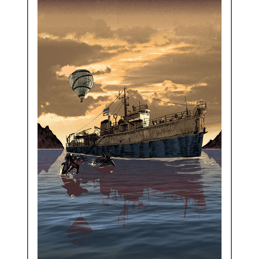 A ship at sea during sunset in Tim Doyles signature style features a drifting parachute, two sharks with red streaks, and rocky islands silhouetted by a dramatic sky. This masterpiece is a signed open edition screen print.