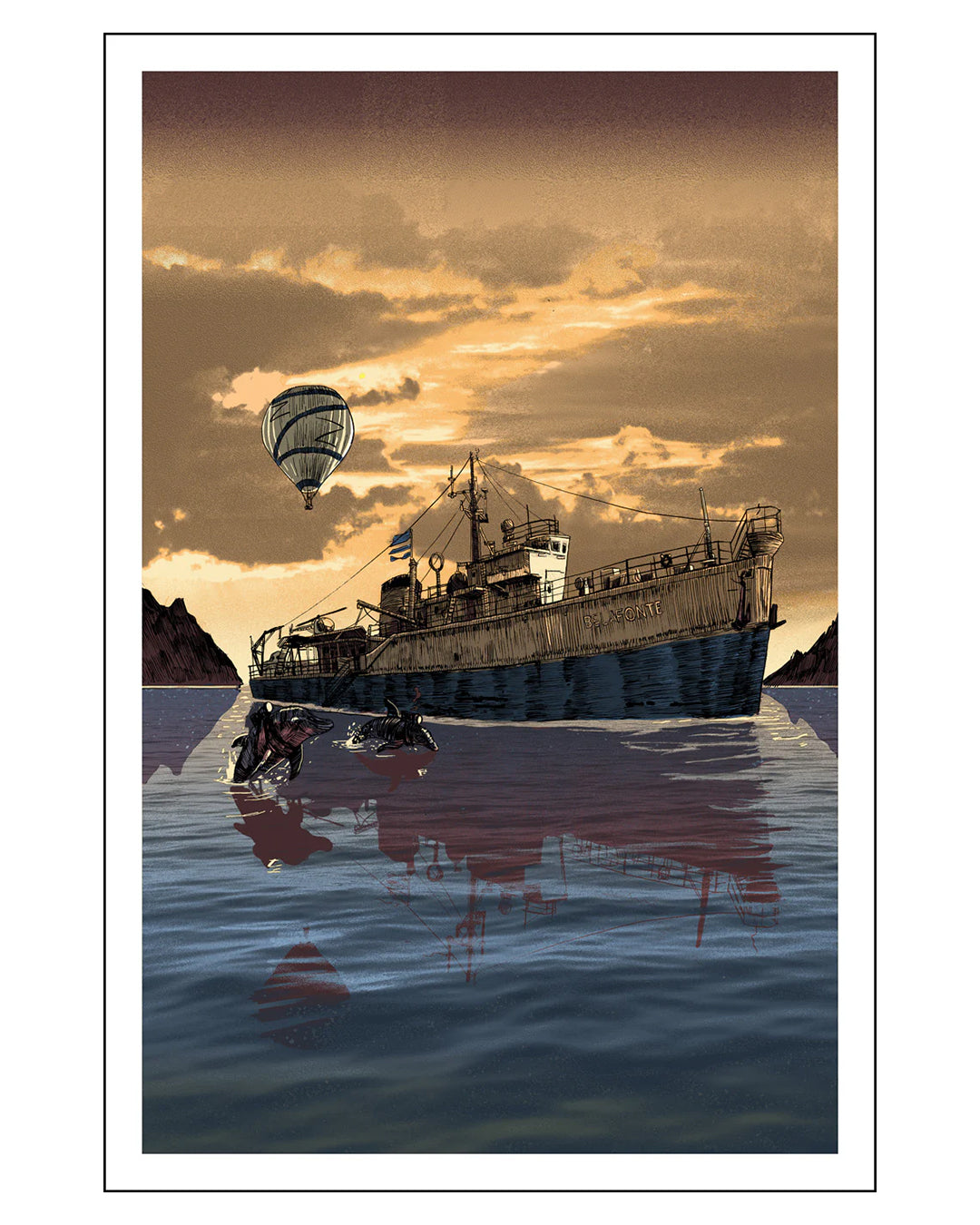 A ship at sea during sunset in Tim Doyles signature style features a drifting parachute, two sharks with red streaks, and rocky islands silhouetted by a dramatic sky. This masterpiece is a signed open edition screen print.