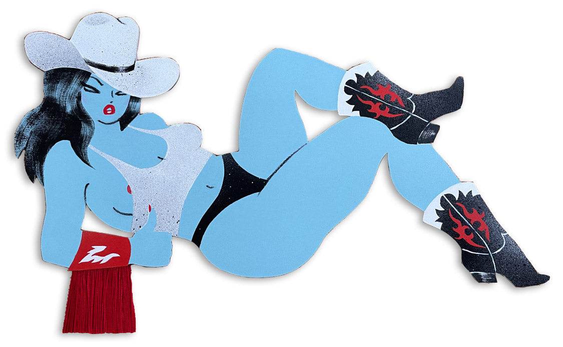 A blue-skinned woman in a white cowboy hat, white top, and black underwear reclines holding a red fringed accessory. This mixed media artwork honors Spoke Art's bold style for their 15th anniversary.