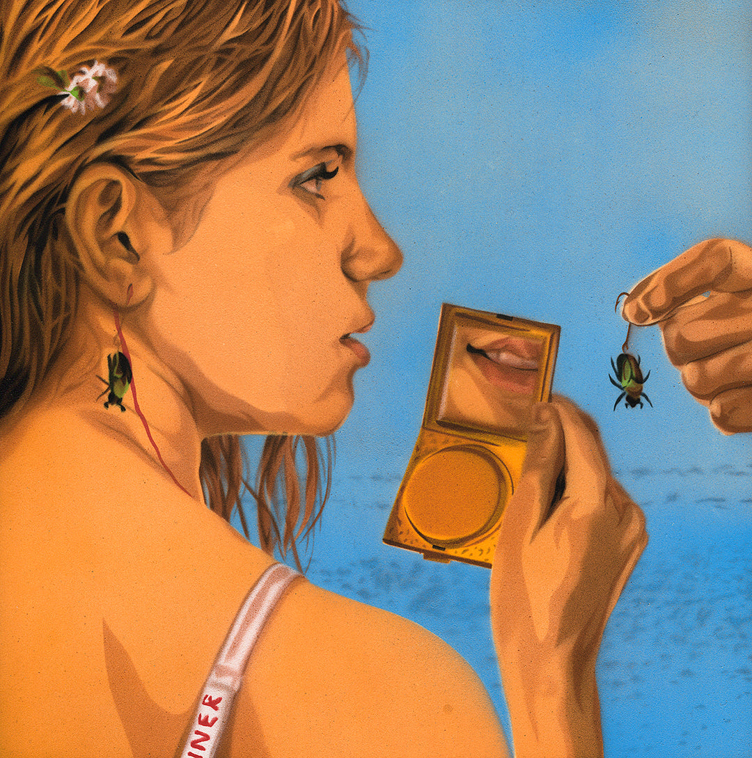 A woman in a swimsuit looks sideways, holding a compact mirror with a powder puff. Her insect earrings glint as a hand enters the frame, holding a small bug. The whimsical scene, reminiscent of Moonrise Kingdom, features products from Nick Comparone against a sky-blue gradient backdrop.