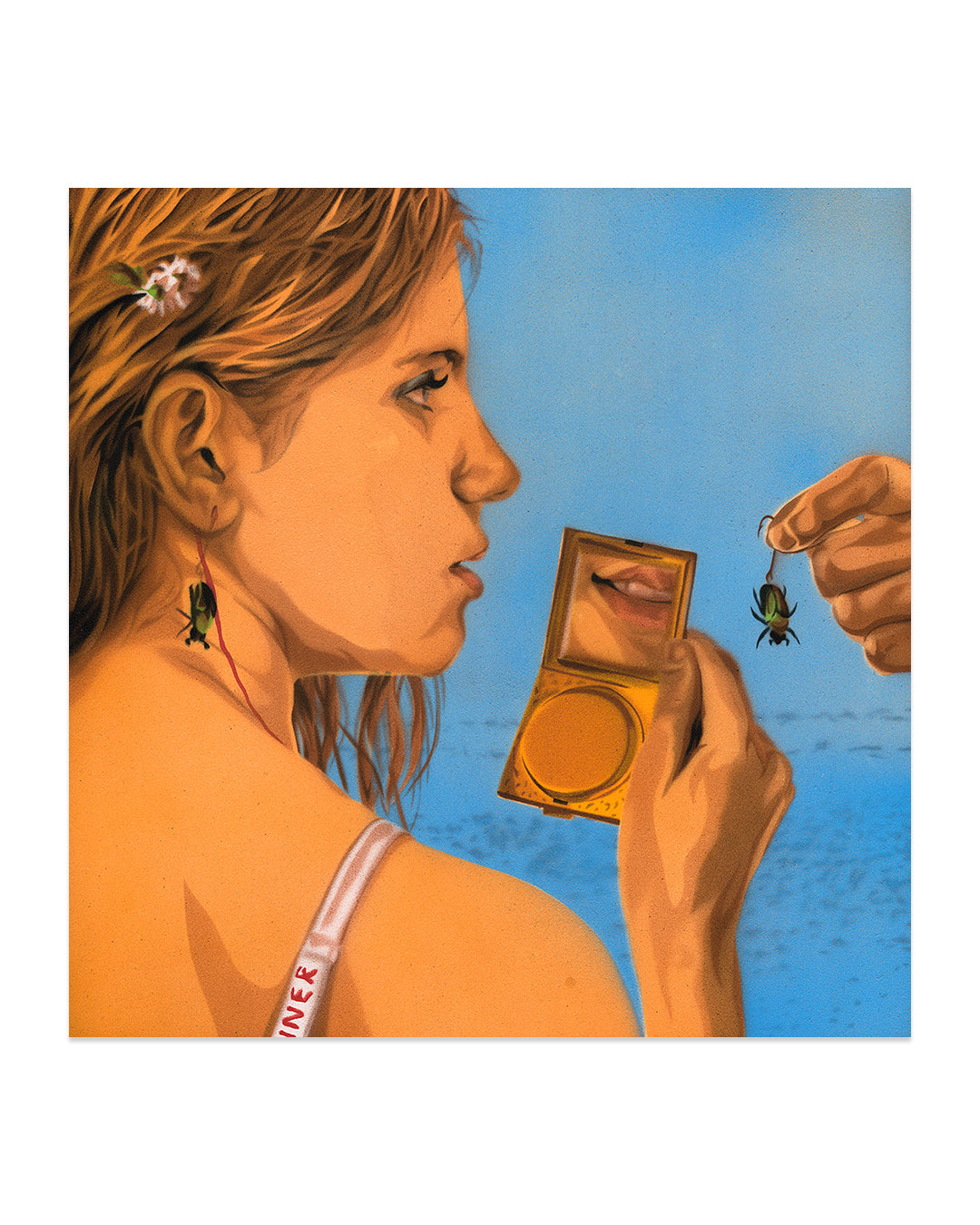 A woman with wet hair sits on a beach, holding a compact mirror reflecting her smile. A beetle is near her ear as another is offered by hand. Captured under the clear blue sky and sea, this scene is part of Nick Comparones limited edition pigment print collection, reminiscent of a Wes Anderson Tribute.