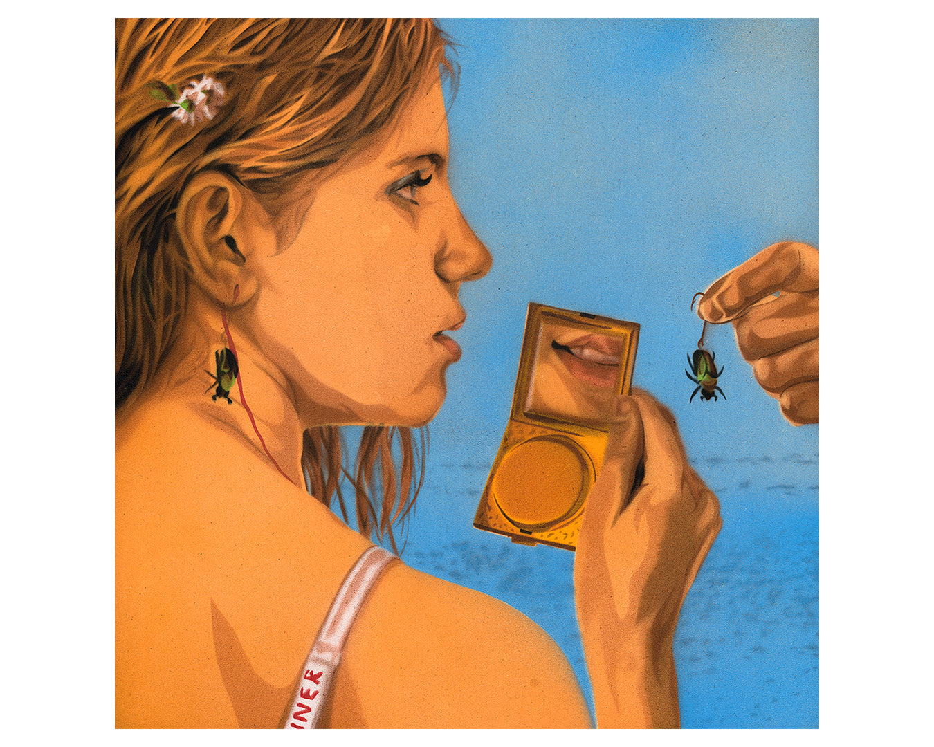 A woman with wet hair, a WINNER sash, and a pink flower in her hair gazes into a compact mirror as shes handed a green beetle, evoking Moonrise Kingdom. She stands against a blue sky and water backdrop. This scene epitomizes Nick Comparones whimsical style.