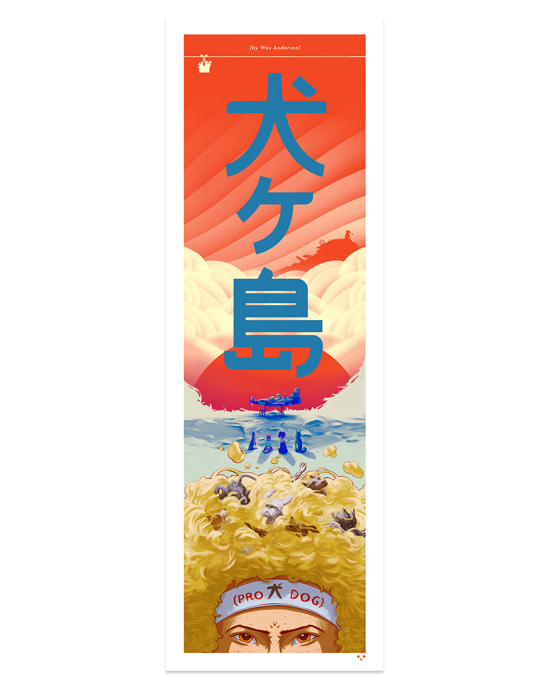An OTTO illustrated movie poster features bold blue Japanese characters on a red-orange sky with clouds. Below, a wild-haired figure in a Pro Dog headband is surrounded by animals, capturing the whimsical style of a Wes Anderson Tribute Art Show.