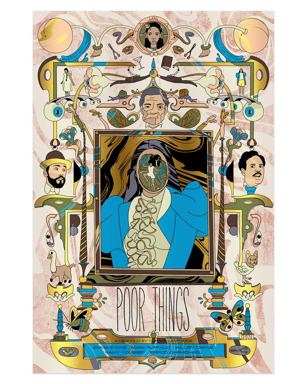 The Murugiah illustrated Poor Things poster features a central vintage-clad figure, surrounded by smaller portraits and ornate decorations with mirrors and arches. The vibrant screen print has the text Poor Things at the bottom and is now available for pre-order.
