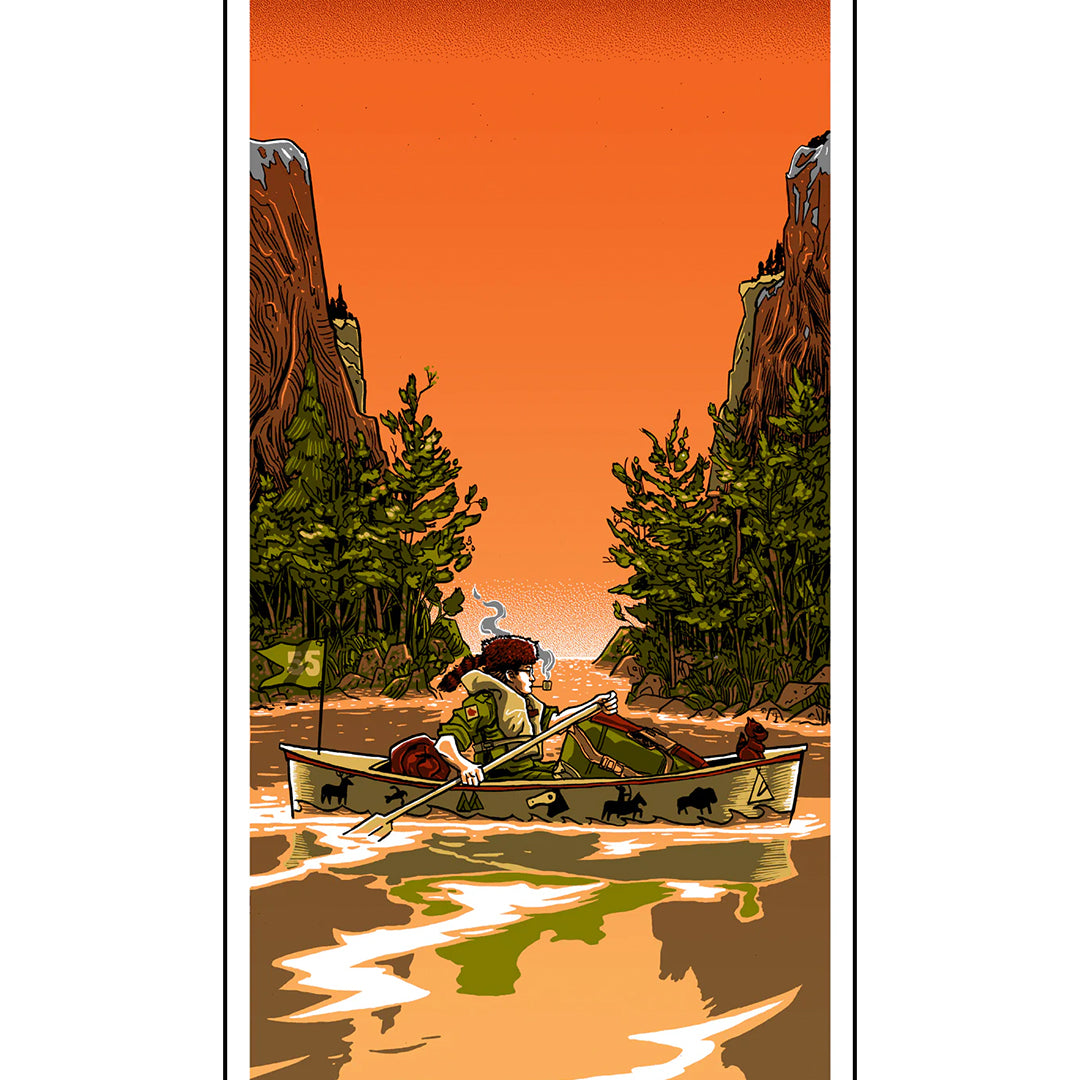 Relaxed on a small boat under an orange sunset, a person in a hat smokes a pipe, surrounded by cliffs and trees with a fishing rod nearby—captured in exquisite detail by Tim Doyles signed edition screen print.