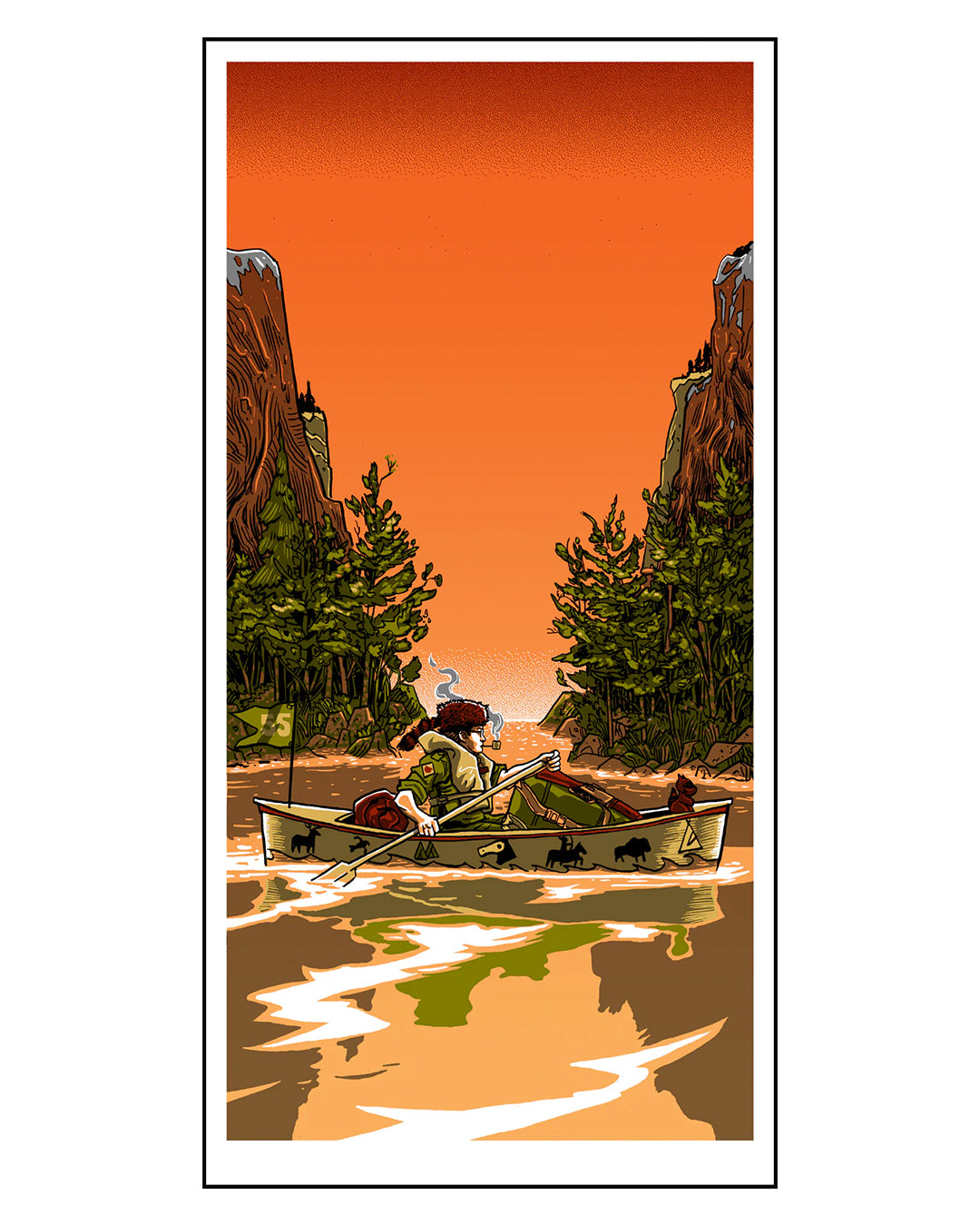 Relaxed on a small boat under an orange sunset, a person in a hat smokes a pipe, surrounded by cliffs and trees with a fishing rod nearby—captured in exquisite detail by Tim Doyles signed edition screen print.