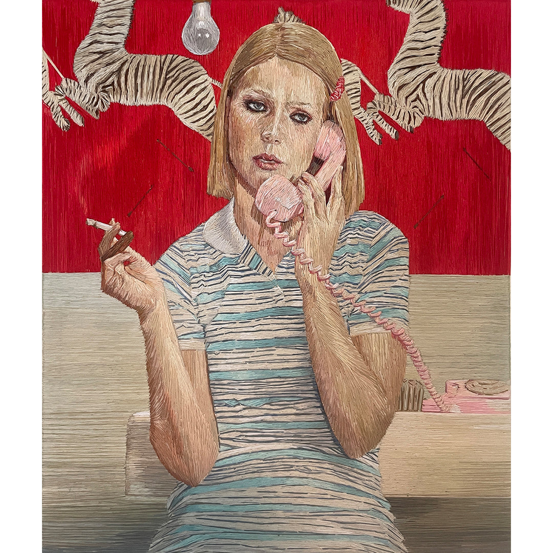 A woman with blonde hair, like Margot Tenenbaum from *The Royal Tenenbaums*, holds a pink rotary phone. Wearing a striped shirt, she smokes against a red backdrop with zebra patterns and a hanging light bulb, capturing the quirky essence of Bad Dads IX by Rose Couch.