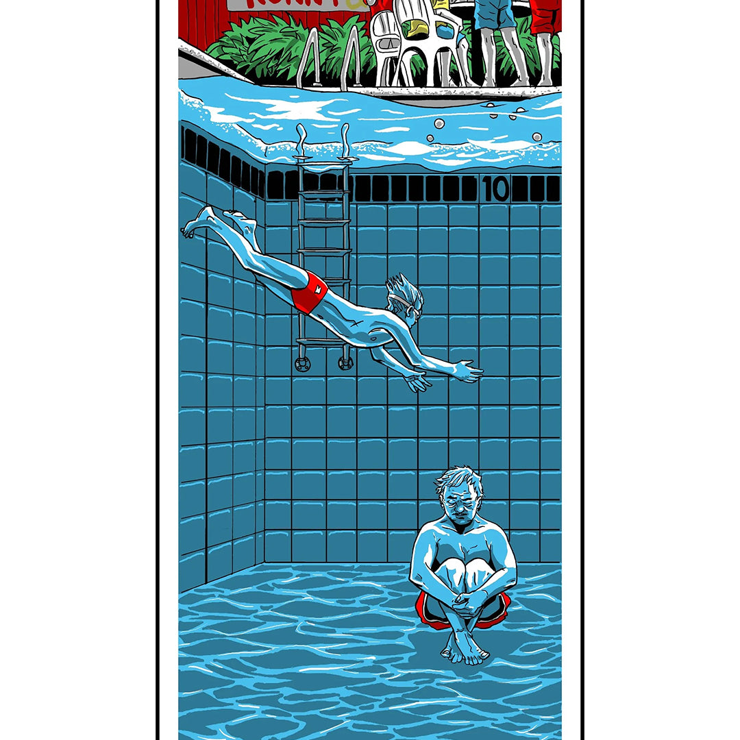This signed open edition screen print by Tim Doyle depicts a boy diving into clear water above a submerged man, framed by poolside chairs and onlookers, with a Ronny banner adding charm to the vibrant scene.
