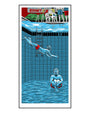 This signed open edition screen print by Tim Doyle depicts a boy diving into clear water above a submerged man, framed by poolside chairs and onlookers, with a Ronny banner adding charm to the vibrant scene.