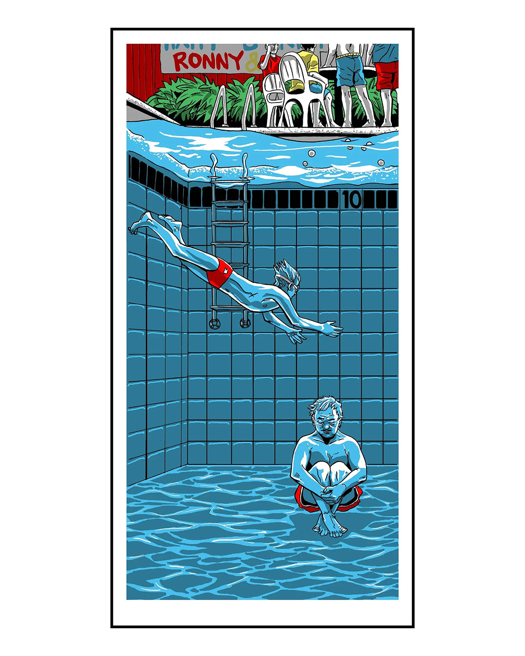This signed open edition screen print by Tim Doyle depicts a boy diving into clear water above a submerged man, framed by poolside chairs and onlookers, with a Ronny banner adding charm to the vibrant scene.
