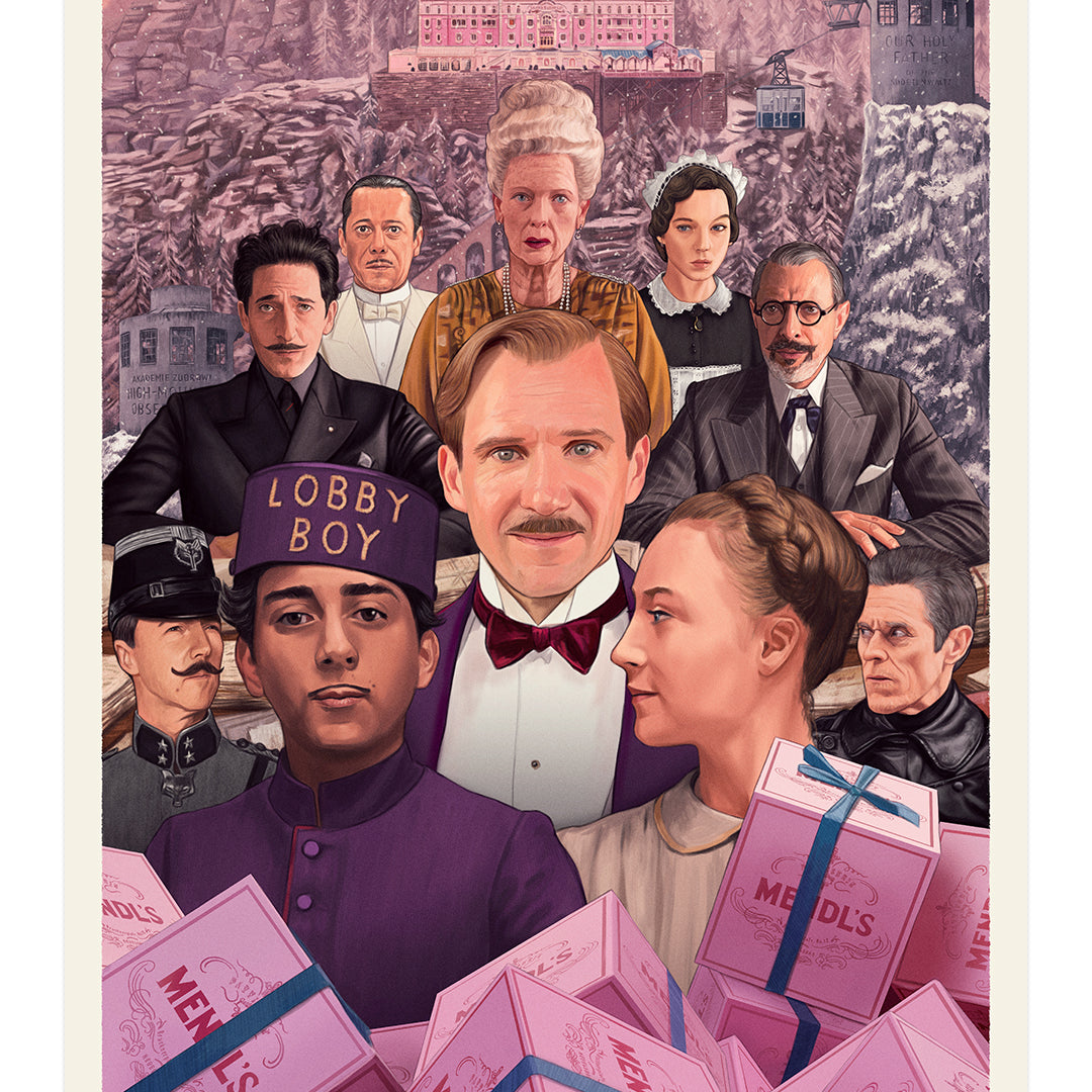 A stylized movie collage by Sam Gilbey honors Wes Anderson Tribute Art with characters in period costumes and a grand hotel backdrop, showing a suited man, a young Lobby Boy, and pink pastry boxes against snowy mountains on archival pigment print.